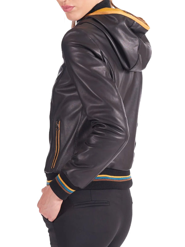 Black Bomber Hooded Style Motorcycle Leather Jacket For Women