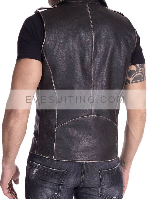 Black Distressed Leather Biker Vest For Men's