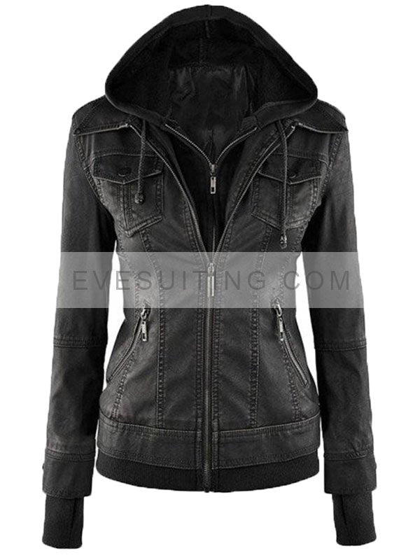 Black Fitted Leather Bomber Biker Jacket