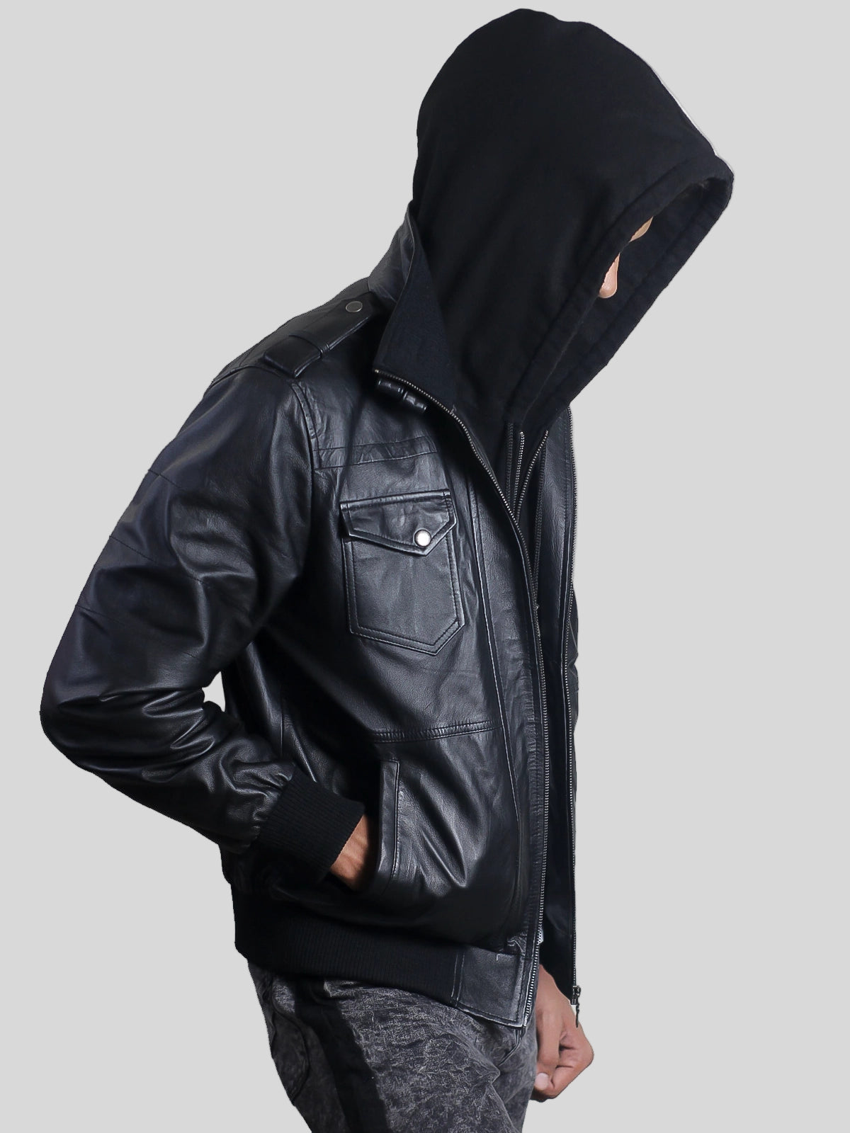 Black Hooded Bomber Jacket For Men