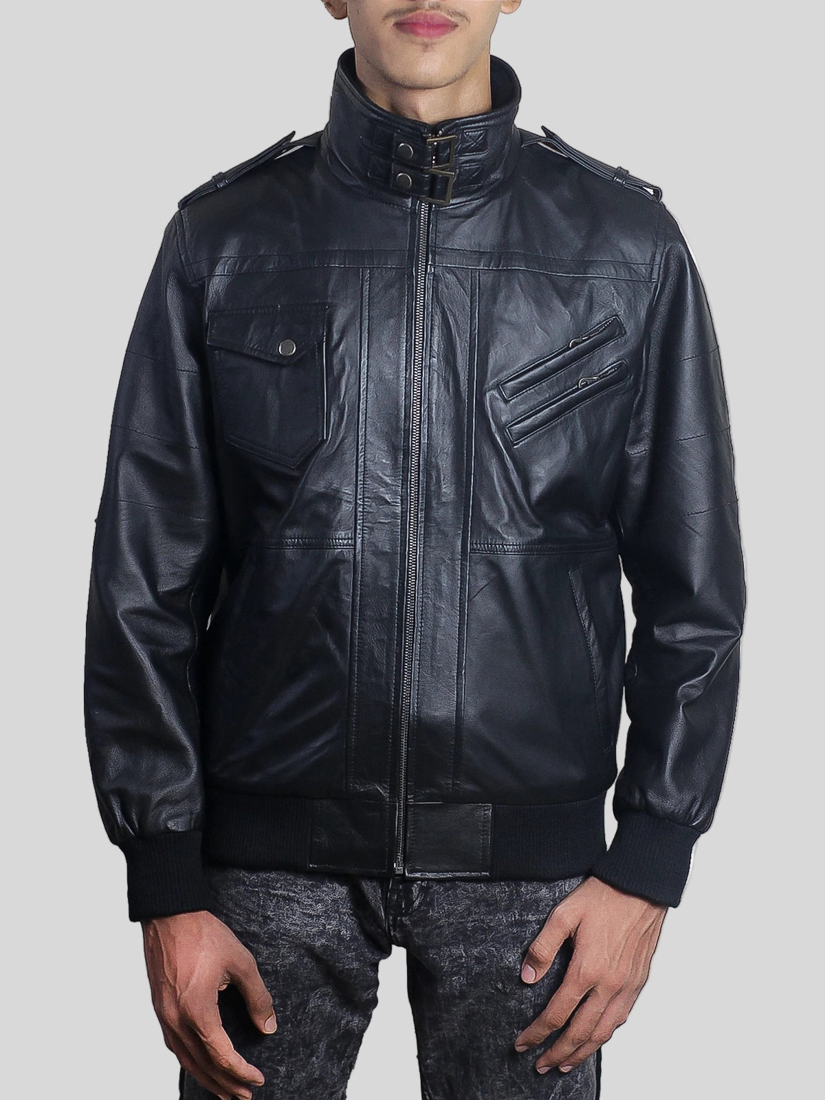 Black Hooded Leather Bomber Jacket for Men