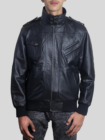 Black Hooded Leather Bomber Jacket for Men
