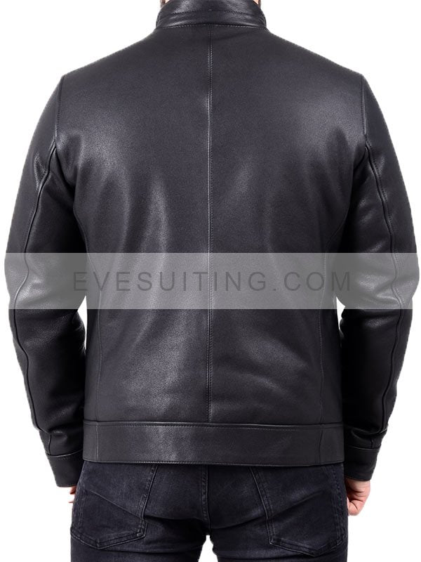 Black Leather Biker Jacket With Belted Collar