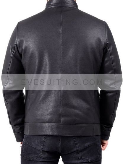 Black Leather Biker Jacket With Belted Collar