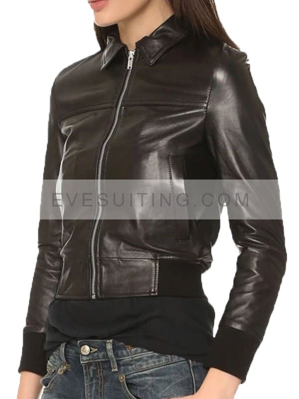 Black Leather Bomber Jacket For Womens