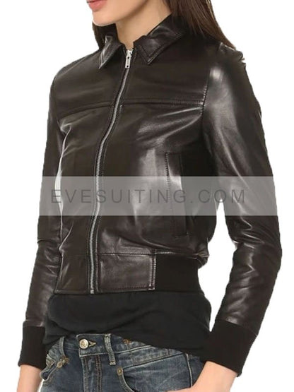 Black Leather Bomber Jacket For Womens