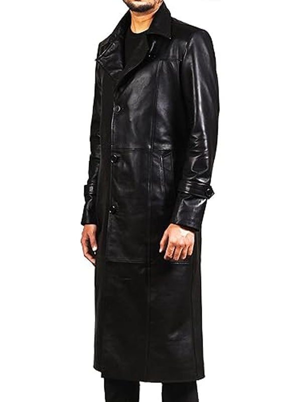 Black Leather Long Trench Coat