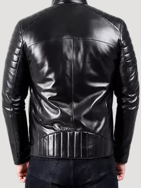 Black Padded Leather Biker Jacket for Men