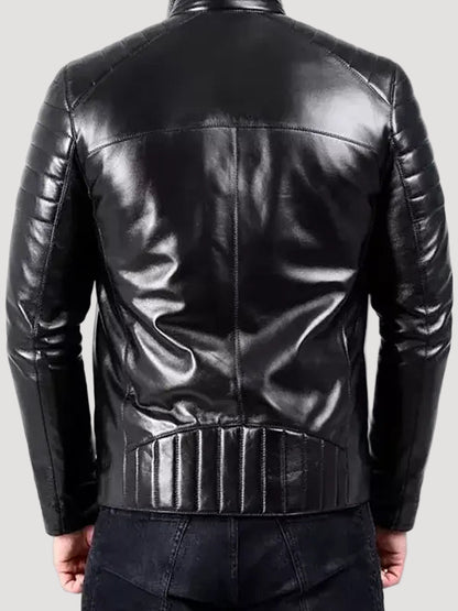 Black Padded Leather Biker Jacket for Men