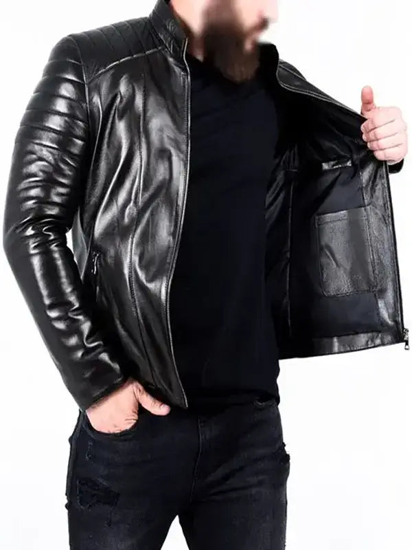 Black Padded Leather Biker Jacket