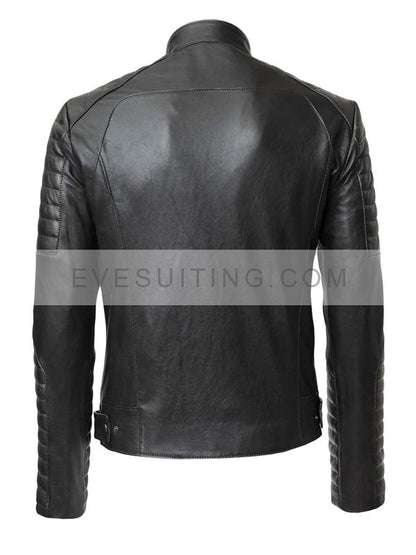 Black Padded Leather Slim Fit Cafe Racer Jacket For Men