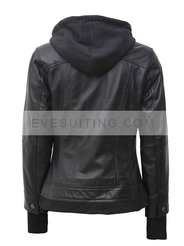 Black Removable Hooded Bomber Leather Jacket For Women