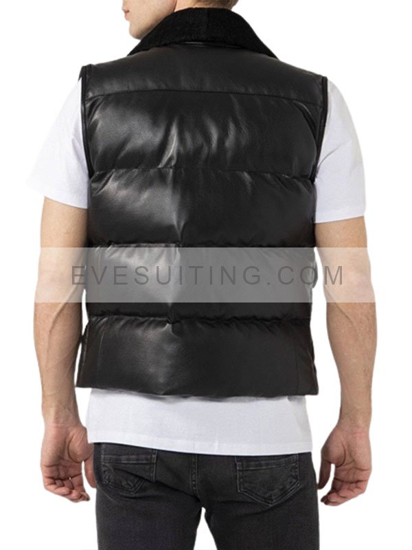 Black Shearling Collar Style Leather Puffer Vest For Mens