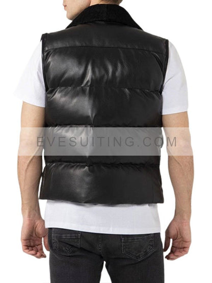 Black Shearling Collar Style Leather Puffer Vest For Mens