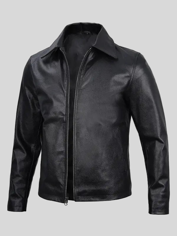 Black Shirt Collar Leather Jacket For Men