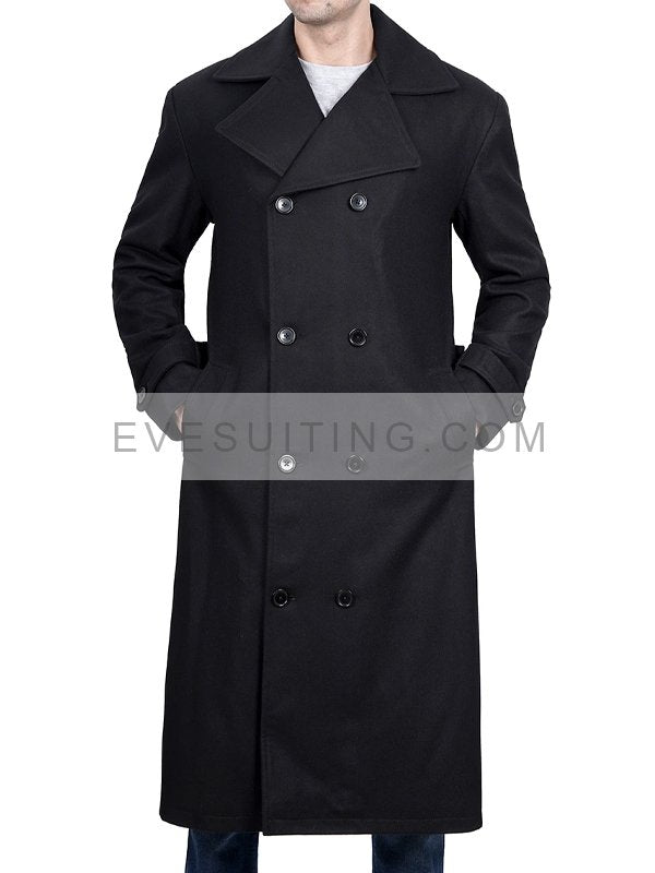 Black Wool Long Peacoat For Men's