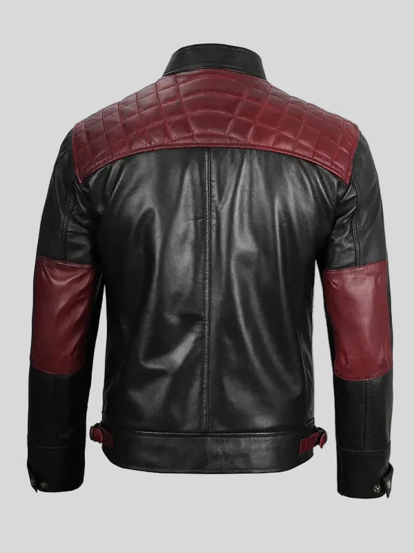 Black and Maroon Quilted Biker Leather Jacket For Men