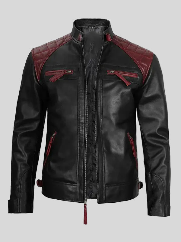 Black and Maroon Quilted Cafe Racer Biker Leather Jacket