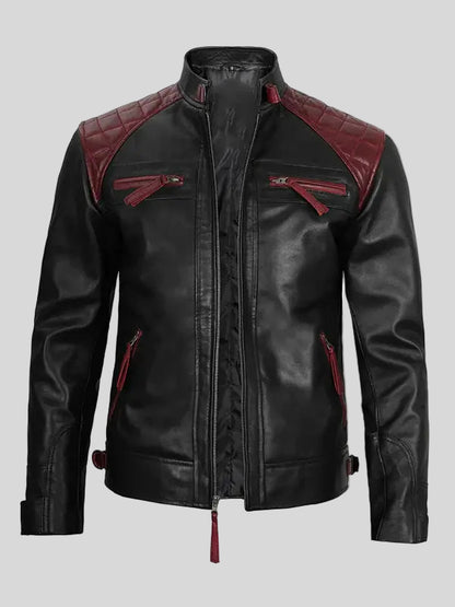 Black and Maroon Quilted Cafe Racer Biker Leather Jacket