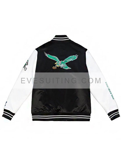 Black and White Philadelphia Eagles Team Origin Varsity Satin Jacket - Recreation 