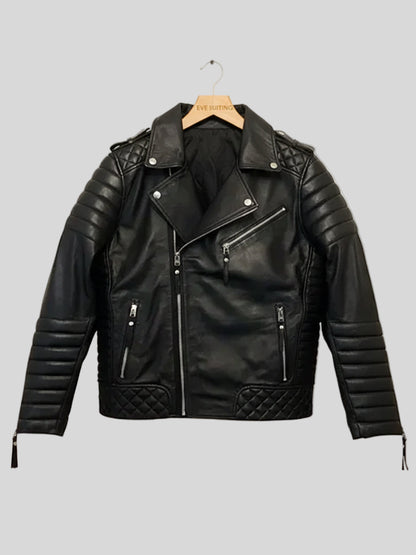 Black Quilted Biker Leather Jacket For Men