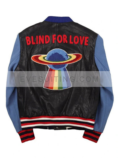 Blind For Love Leather Bomber Black And Blue Varsity Jacket