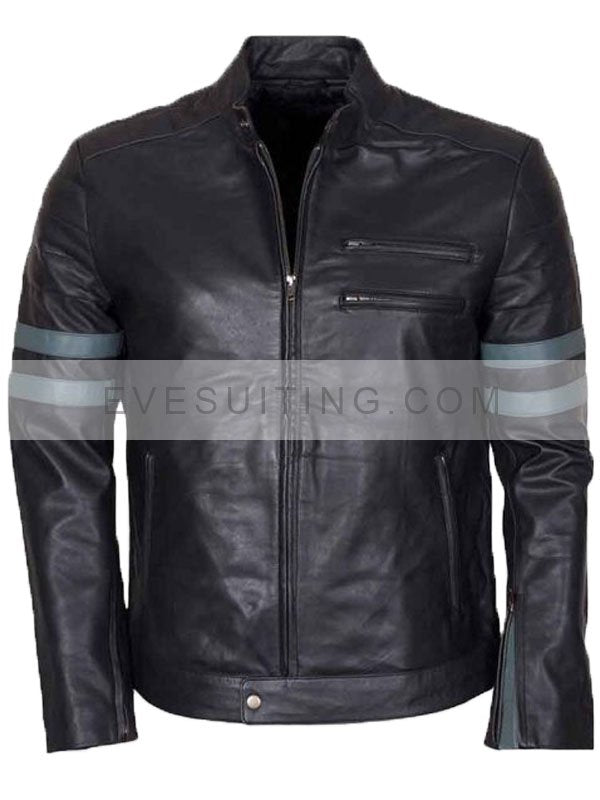 Blue Stripe Cafe Racer Black Jacket