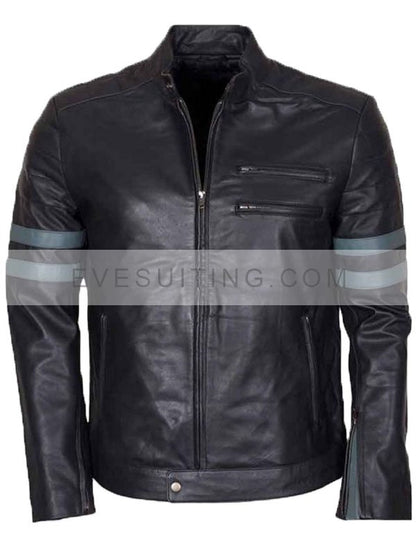 Blue Stripe Cafe Racer Black Jacket