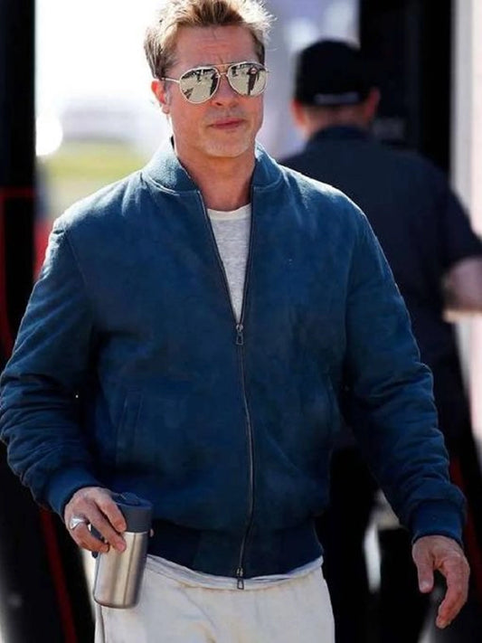Blue suede bomber jacket inspired by Brad Pitt in F1 2025