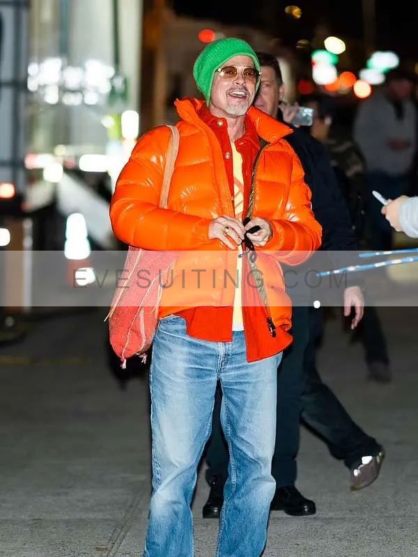 Brad Pitt Movie Wolves 2024 Orange Puffer Winter Jacket