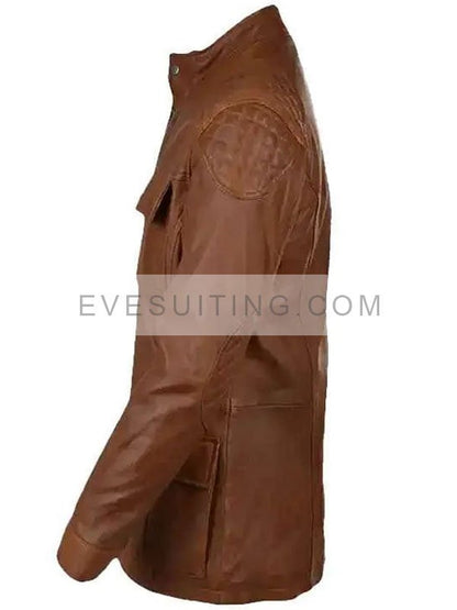 Brown Leather Stand-Up Collar Jacket For Men's