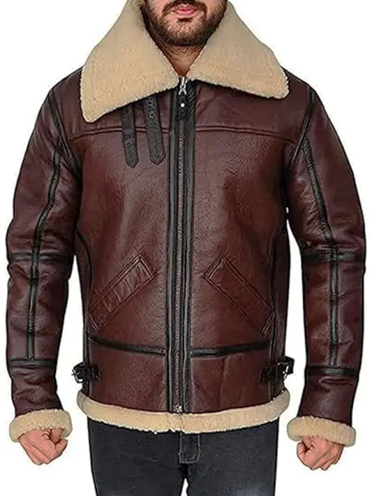 Brown Shearling Aviator Bomber Leather Winter Jacket