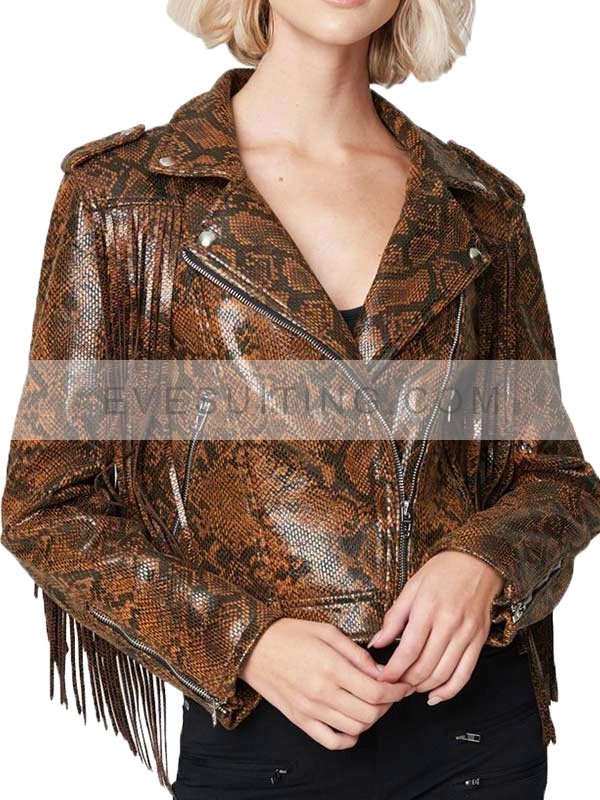 Brown Snake Skin Fringe Leather Jacket