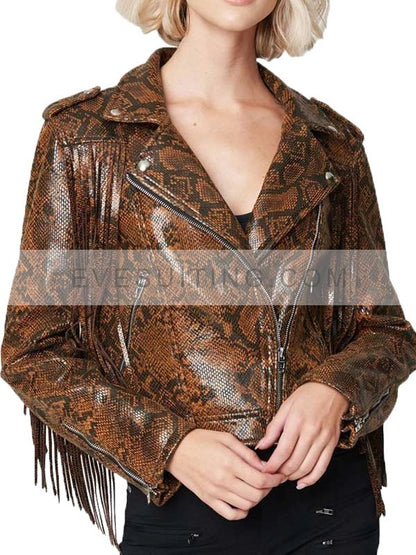 Brown Snake Skin Fringe Leather Jacket