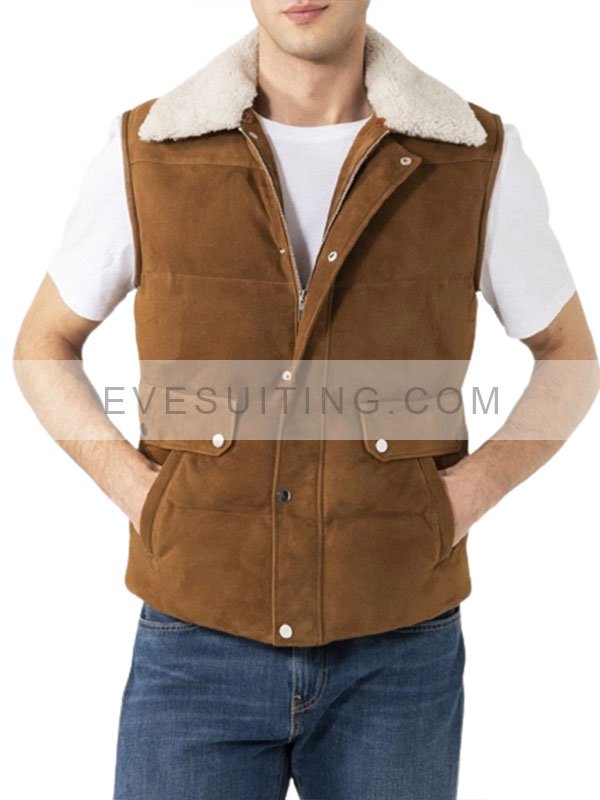 Brown Suede Leather Shearling Collar Vest
