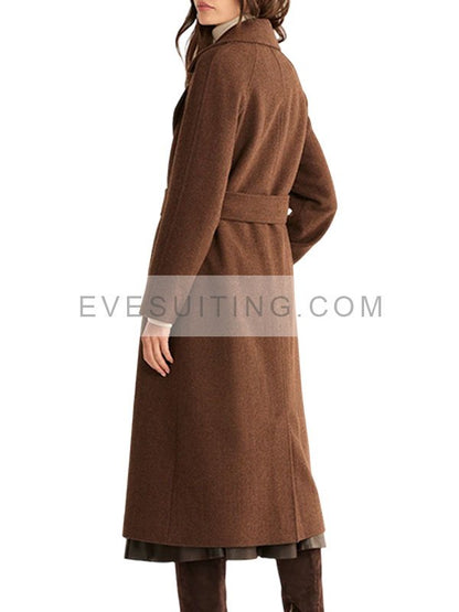 Brown Wool Double Breasted Belted Coat