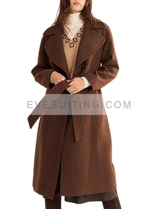 Brown Wool Double Breasted Belted Long Coat For Women's