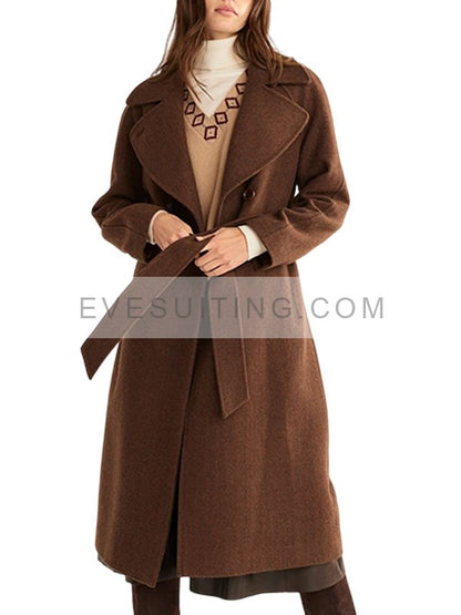 Brown Wool Double Breasted Belted Long Coat For Women's
