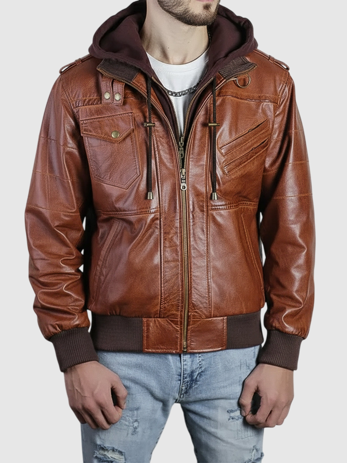 Men's Brown Leather Hooded Jacket