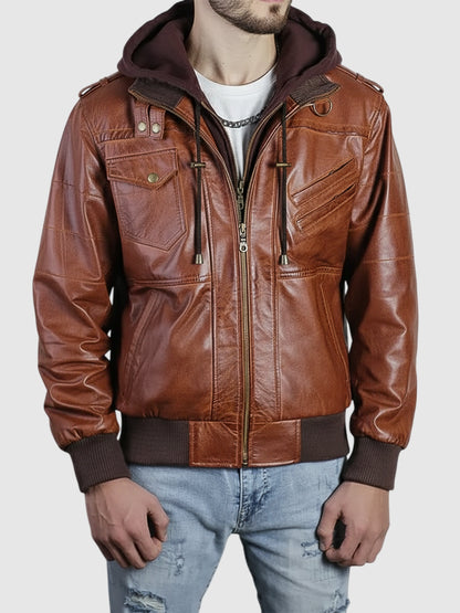 Men's Brown Leather Hooded Jacket