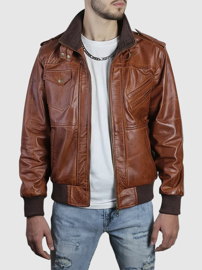 Men's Brown Leather Hooded Jacket