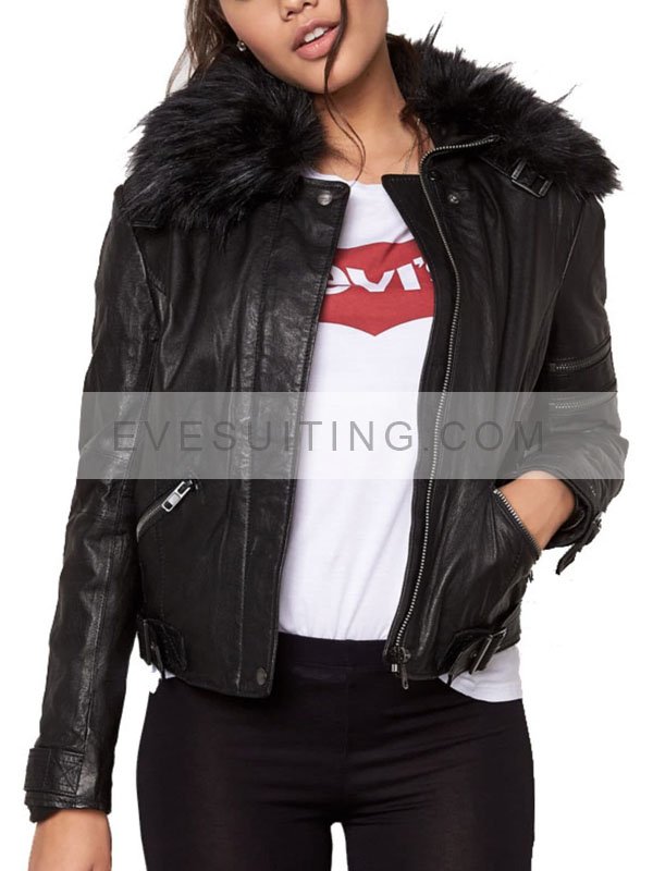 Black Removable Fur Collar Leather Motorcycle Jacket Womens