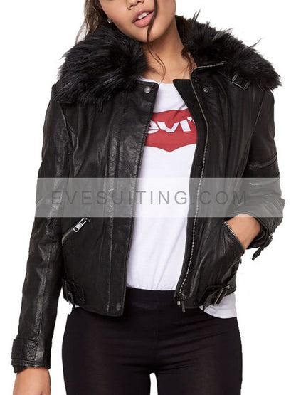 Black Removable Fur Collar Leather Motorcycle Jacket Womens