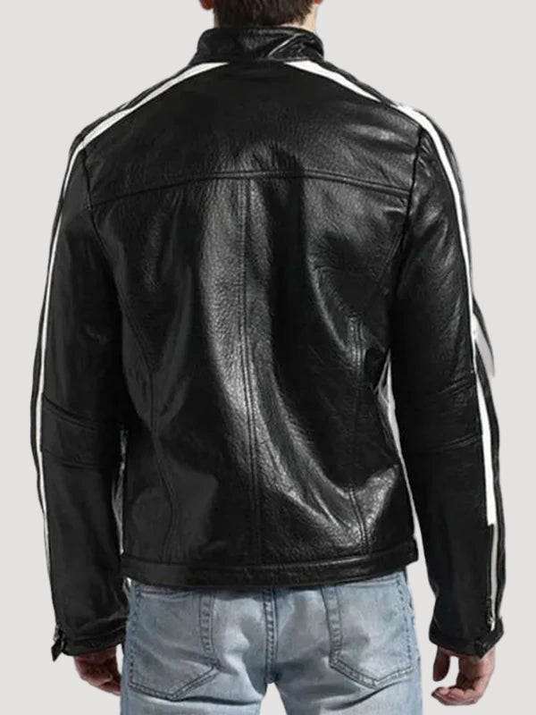 Cafe Racer White Stripes Black Leather Biker Jacket For Men