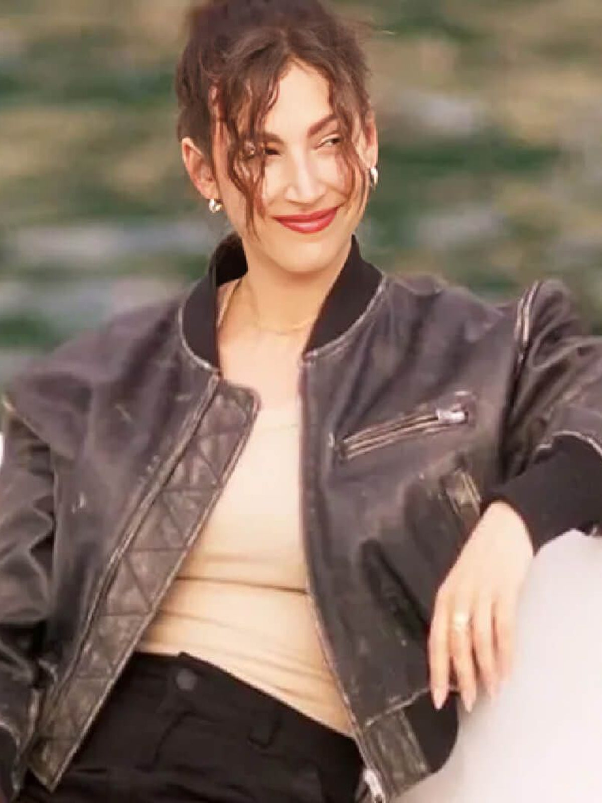 Camila Lift 2024 Úrsula Corberó Black Distressed Bomber Leather Jacket