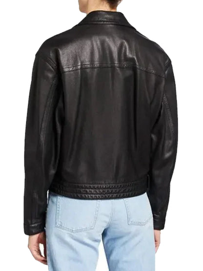 Camille Razat Emily In Paris Season 2 Black Leather Moto Style Jacket