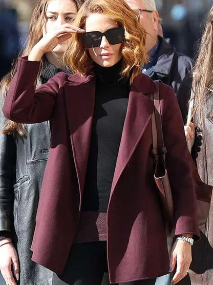 Canary Black 2024 Kate Beckinsale Maroon Coat