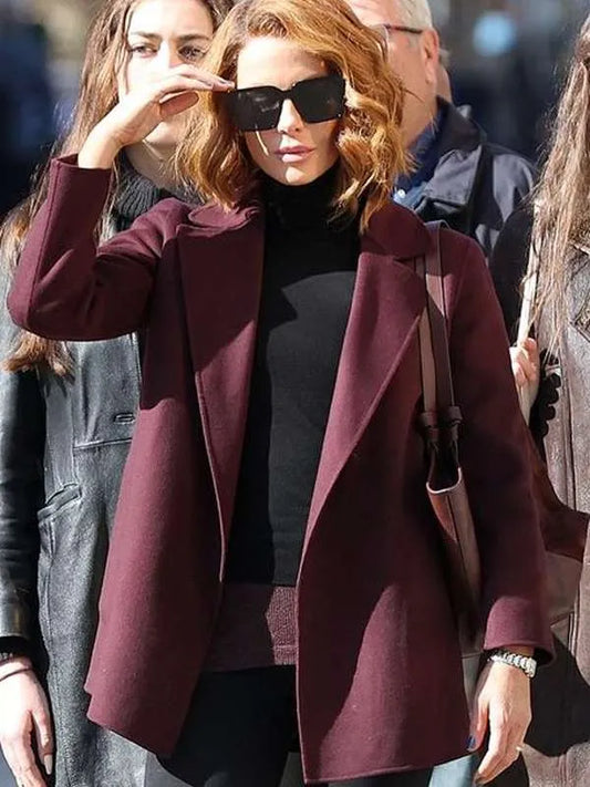 Canary Black 2024 Kate Beckinsale Maroon Coat
