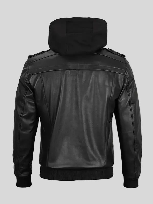 Charles Men’s Black Leather Hooded Jacket
