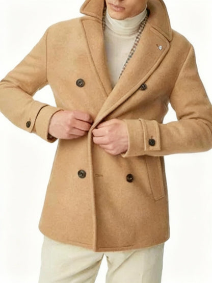 Classic Beige Wool Peacoat For Men's
